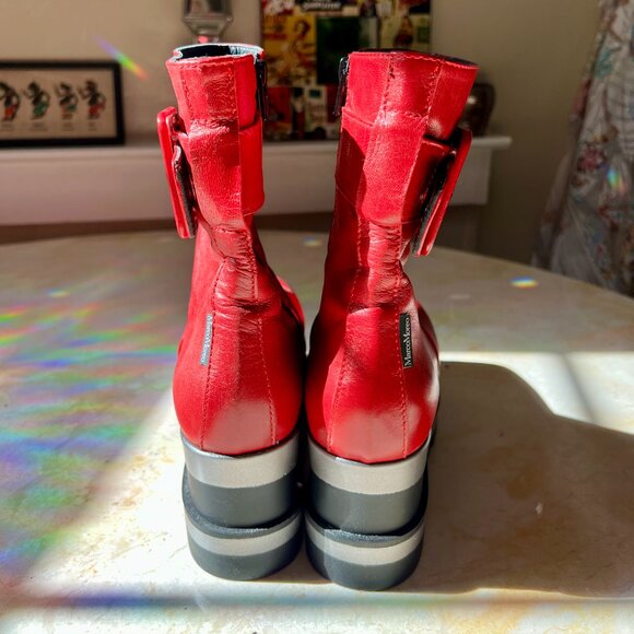 Red Leather Platform Moto Bootie Buckle Marco Moreo Milano Italy Sz US 6.5 IT 37 - Picture 5 of 13